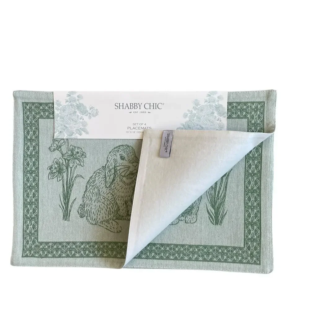 NEW Shabby Chic Bunny Rabbit Cotton Placemats 13x19 Green White Spring Easter